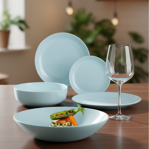 Light blue ceramic dinnerware set on a wooden table with a blurred indoor background